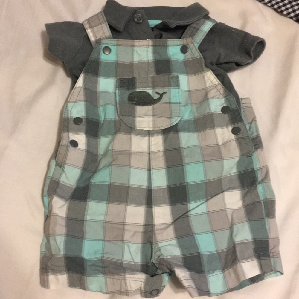 Gray and blue overalls whale summer boys preppy